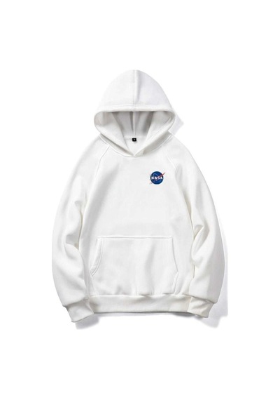 Nasa Logo Sweatshirt - Beyaz Baskılı Oversize Kışlık Kalın Kapüşonlu Beyaz