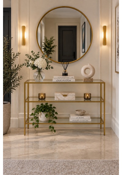 Teknor Şeffaf Camlı Gold Metal Salon Konsol Ünitesi 100cm