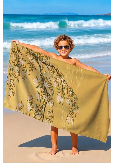 Çiçekli Sarı Floral Plaj Havlusu - Bohem Bahar Dallı Modern Tasarım Hızlı Kuruyan Mikrofiber Havlu Pastel Tozu
