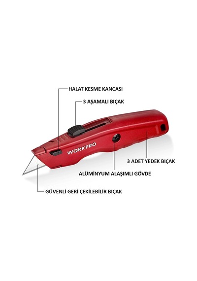 Workpro Wp213017 Ağır Hizmet Alüminyum Gövde Geri Çekilebilir Rötuş Maket Bıçağı + 3 Adet Yedek Bıça