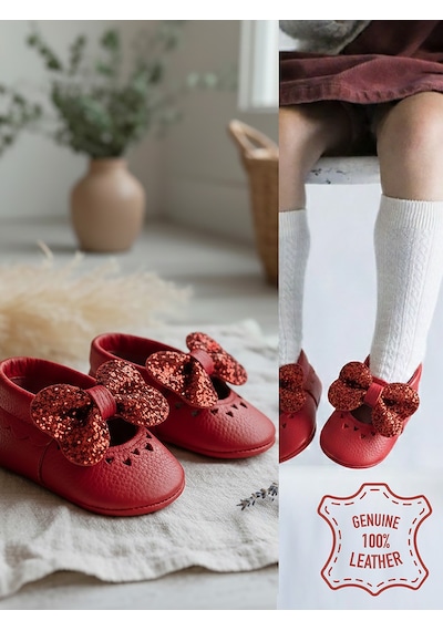 Denokids Kız Bebek Patik Hakiki Deri Taşlı Kırmızı Yumuşak Taban Ayakkabı 17-21 Numara Renkli