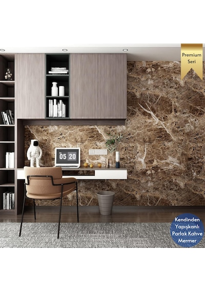Technosmart 60x100cm Mermer Desen Kendinden Yapışkanlı Duvar Kağıdı Kaplama Mutfak Tezgeh Masa Folyo Kahverengi