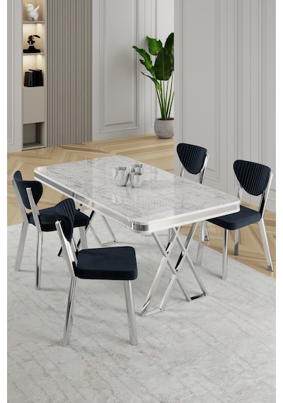 Raja Serisi 80x130 Lak Panel Beyaz Mermer Desen Masa Takımı Krom Ayaklı 4 Sandalye Beyaz Mermer Masa Antrasit Sandalye Raja Serisi 80x130 Lak Panel Beyaz Mermer Desen Masa Takımı Krom Ayaklı 4 Sandalye Beyaz Mermer Masa Antrasit Sandalye
