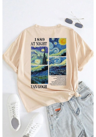 Unisex Van Gogh Yıldızlı Gece Sırt Baskılı Oversize T-shirt Bej
