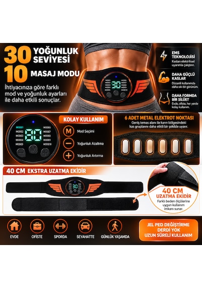 Ems Karın Kası Kemeri 30 Seviye 10 Mod Şarjlı Kas Stimülatörü 40 Cm Uzatma Aparatı