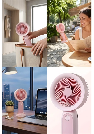 Şarjlı Taşınabilir Mini El Fanı 3 Kademeli Hız Ayarlı Telefon Standlı Vantilatör Pembe