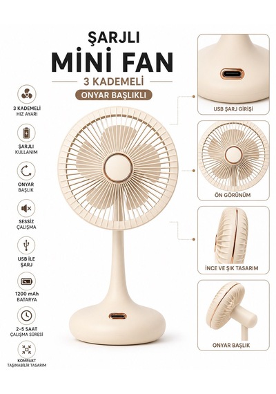 Şarjlı Mini El Fanı Masaüstü Fan 3 Kademeli 5 Kanatlı Oynar Başlıklı Vantilatör Klima Fan 1200mah Usb Şarj