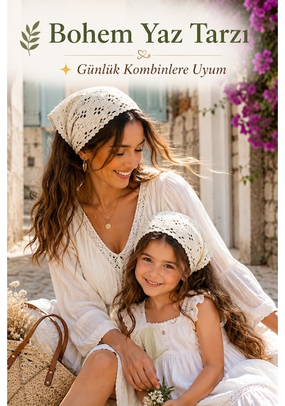 Anne Kız Kombin Bandana El Örgüsü Saç Bandı Bohem Stil Ayarlanabilir 2li Set Krem