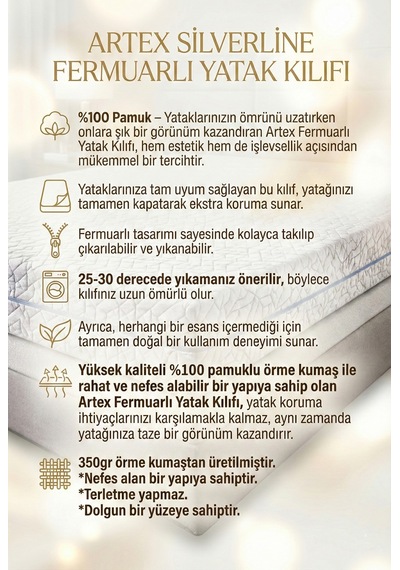 Artex Silverline Fermuarlı Yatak Kılıfı 150x200 Koruyucusu %100 Pamuklu Kılıf Özel Üretim Kapitone Çift Kişilik Çift Kişilik Beyaz