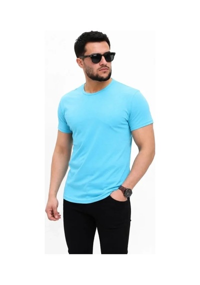 Defymoda Erkek Basic Tişört Bisiklet Yaka Kısa Kol Günlük Yazlık Slim Fit T-shirt - Açık Mavi