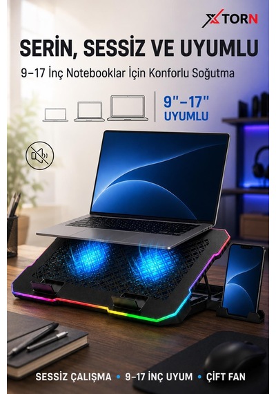 Torn Rgb Laptop Soğutucu 2 Fanlı Ayarlanabilir Standlı Notebook Soğutucu