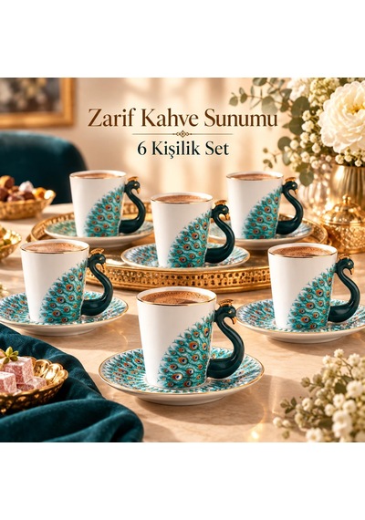 Valkyrie Peacock Serisi 6 Kişilik 12 Parça Tavus Kuşuporselen Türk Kahvesi Fincan Takımı 90ml Yeşil