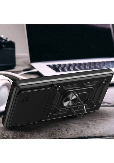 Xiaomi Poco F6 Kılıf Magnetik Standlı Kamera Korumalı Zore Sürgülü Vega Kapak Siyah