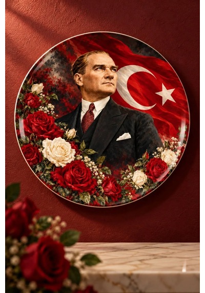 Dekoratif Duvar Tabağı Atatürk, Bayrak Ve Çiçekler Dekorlu Seramik Tabak Bej