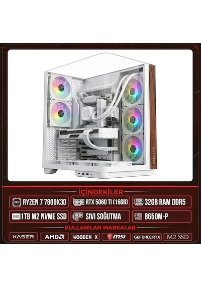 Xaser Wooden X100 R7-7800X3D 32 GB 1 TB M.2 NVMe SSD 16 GB RTX5060 Ti Free Dos Oem Paket Masaüstü Oyuncu Bilgisayarı