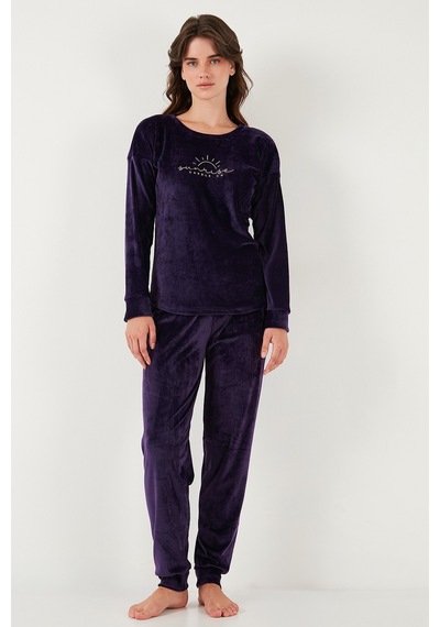 Lela Standart Fit Bisiklet Yaka Yumuşak Kadife Bayan Pijama Takımı 6094201 Koyu Mor