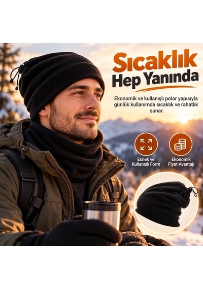 Elitse Unisex Polar Bere Boyunluk 2 Adet Seti 2'si 1 Arada Büzgülü Sıcak Tutan Kışlık Siyah Günlük Konforlu