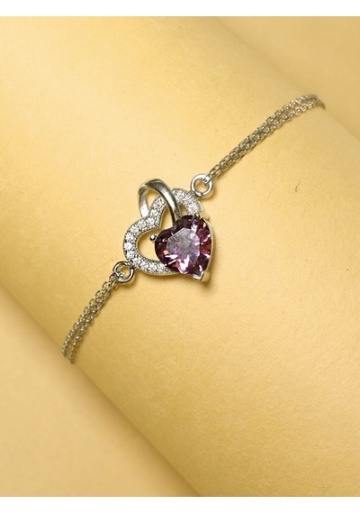 Brezza Lusso Jewelry 925 Ayar Gümüş Ametist Taşlı Çift Kalp Kadın Gümüş Bileklik