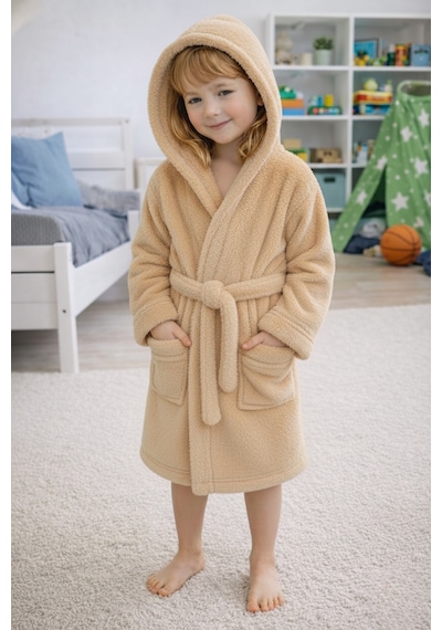 Luna Soft Kız / Erkek Çocuk Kapşonlu Pamuklu Bornoz Peluş Sabahlık 5/6 Yaş Bej