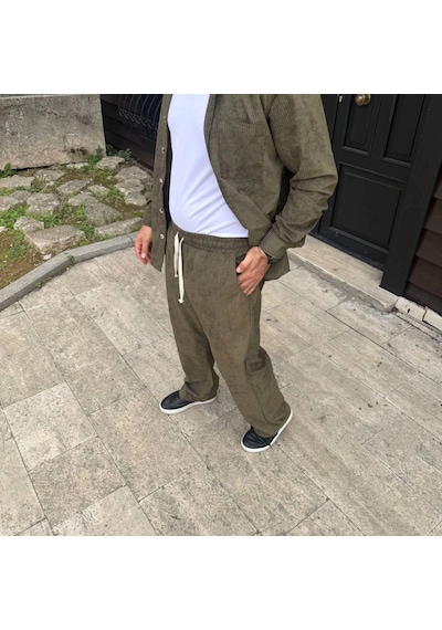 Moderie Butik Erkek Fitilli Kadife Cepli Buggy Pantolon Oversize Rahat Kalıp - Haki Haki