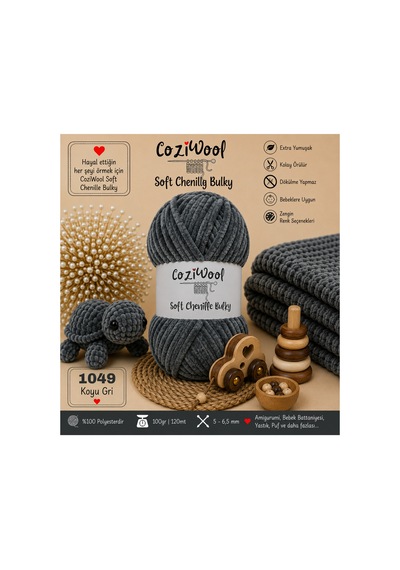 Kadife İp Soft Chenille Bulky 5'li Paket 5x100 Gr 120 Mt El Örgü İpi Koyu Gri - 875823131