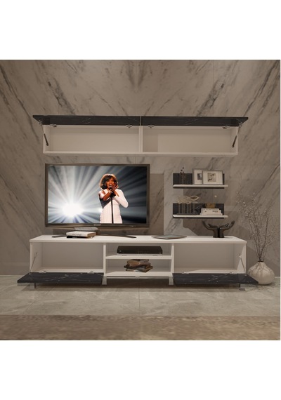 Decoraktiv Eko 5 Mdf Dvd Krom Ayaklı Tv Ünitesi Tv Sehpası Beyaz - Siyah Mermer