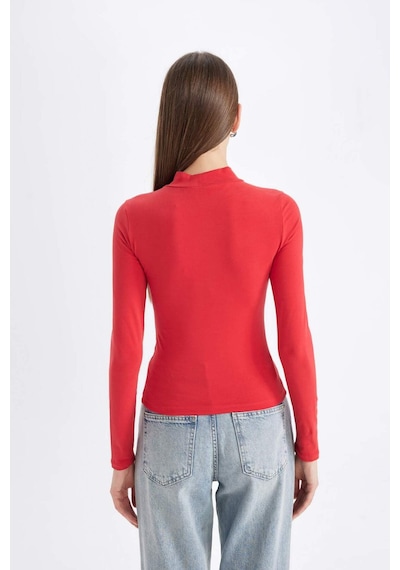 Defacto Kırmızı Slim Fit Dar Kesim Yarım Balıkçı Yaka Casual Basic Düz Uzun Kollu Tişört D3575AX24AURD227 Kırmızı