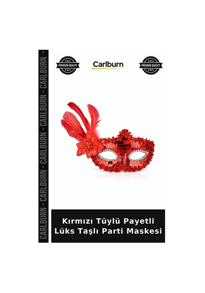 Kırmızı Tüylü Payetli Lüks Taşlı Parti Maskesi Gösterişli Parça Gece Aksesuarı Özel Gün Ürünü "