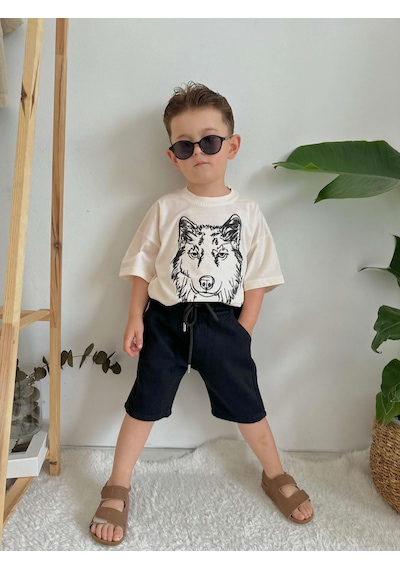 Erkek Çocuk Kurt Modelli Kot Şortlu Pamuk Takım Siyah