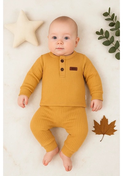 Pekminibebe Çizgili Kumaş % 100 Pamuk 2'li Unisex Takım Hardal