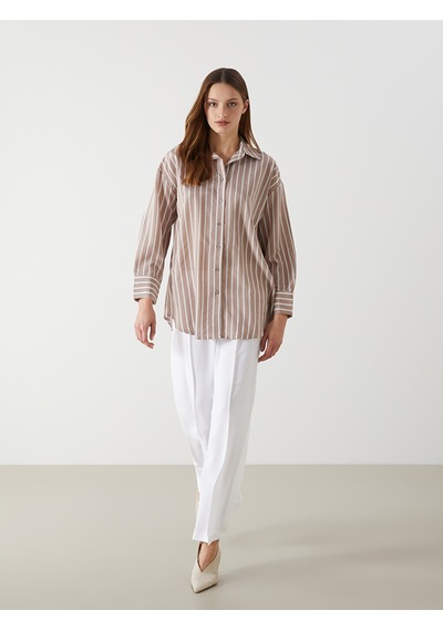 Lcw Modest Kahverengi Çizgili Oversize Kadın Gömlek Tunik