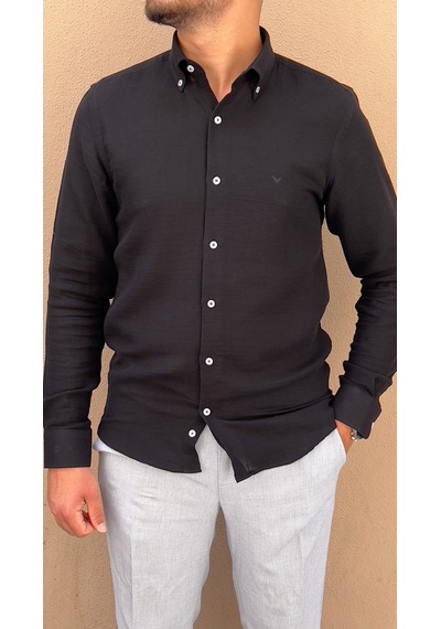Slim Fit Uzun Kol Müslin Pamuk Rahat Nefes Alabilen Kumaştan Yaka Düğmeli Hediye Kutulu Erkek Gömlek Fs-004202 - Siyah-2863