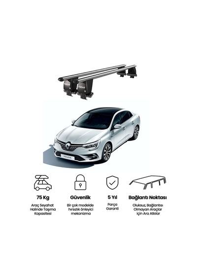 Royal Renault Megane Iv Grand Coupé 2017 Ve Sonrası Uyumlu Gri Kilitli Ara Atkı Port Bagaj Tavan Barı