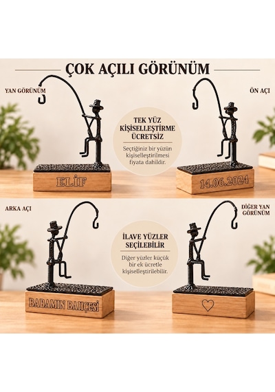Kişiye Özel Sukulent Askısı – El Yapımı Metal Heykel ve Ahşap Kaide SPH002