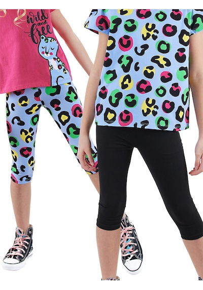Denokids Kız Çocuk Siyah Leopar 2'li Tayt Renkli Çok Renkli