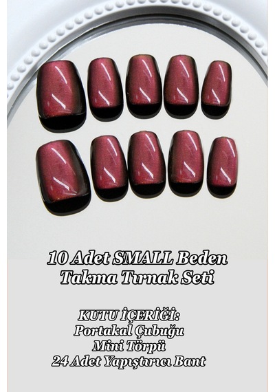 Small Beden Koyu Bordo Kedi Gözü Kısa Küt 10 Adet Takma Tırnak Seti T109 Koyu Bordo
