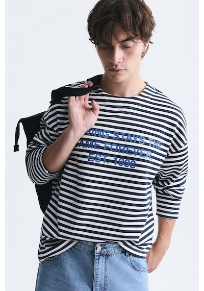 Vamos Oversize Çizgili Sweatshirt Ekru-siyah