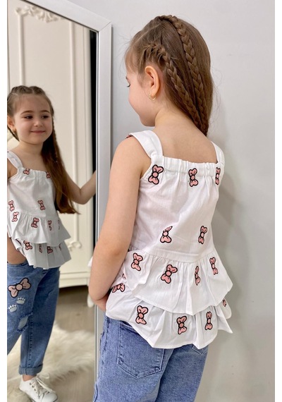 Turuncu Gardrop 3-10 Yaş Fiyonk Detay Bluz Ve Kot Pantolon Seti Beyaz