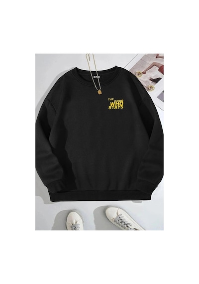 Tarzsokak Siyah Oversize Goog Grace Baskılı Pamuklu Kapşonsuz 0 Yaka Unisex Sweatshirt
