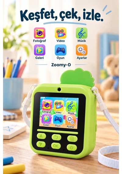 Kj/zm-002 Zoomy-d Dinozor Figürlü Anında Baskılı Çocuk Fotoğraf Makinesi, Çift Kamera, 2,4 İnç Ekran, 1080p Video, 3+ Yaş Yeşil