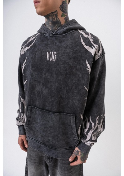 Respire Erkek War Baskılı Yıkamalı Kapüşonlu Oversize Hoodie Siyah