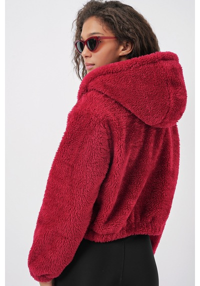 Bigdart 5193 Kapüşonlu Peluş Crop Ceket - Bordo
