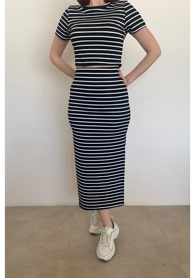 Ded Collectıon Kadın Çizgili Crop Etek Takım Siyah-beyaz