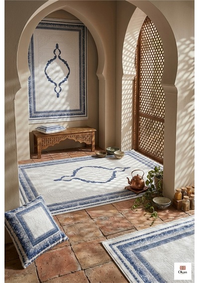 Aura Rugs Mavi Madalyon Desenli Akrilik Modern Salon Halısı - Dokuma Tabanlı 8mm Hav Yüksekliği Çok Renkli