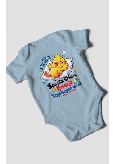 Morivokids Sessiz Olun, Enerji Topluyorum Kısa Kollu Bebek Body %100 Pamuk Bebe Mavisi