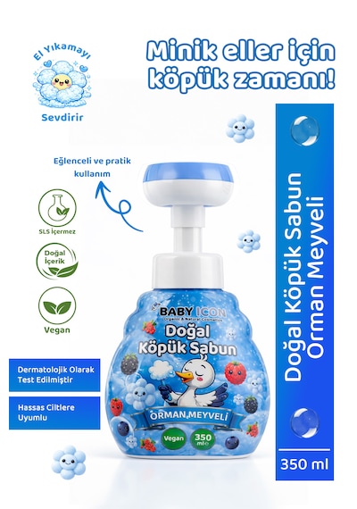 Doğal Çocuk Köpük El Sabunu 350 Ml Orman Meyveli Kokulu Vegan Parabensiz Çiçek Şekilli Mavi Köpük