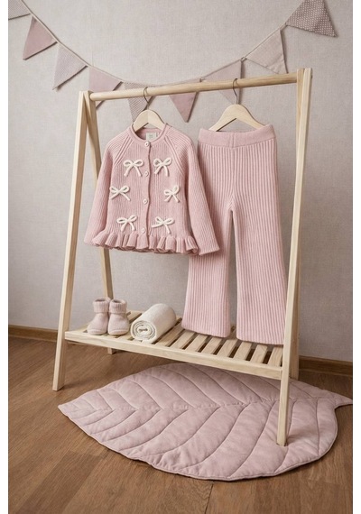 Coco Nart Kız Çocuk Kurdele Aplikeli Triko Takım Pembe Pudra