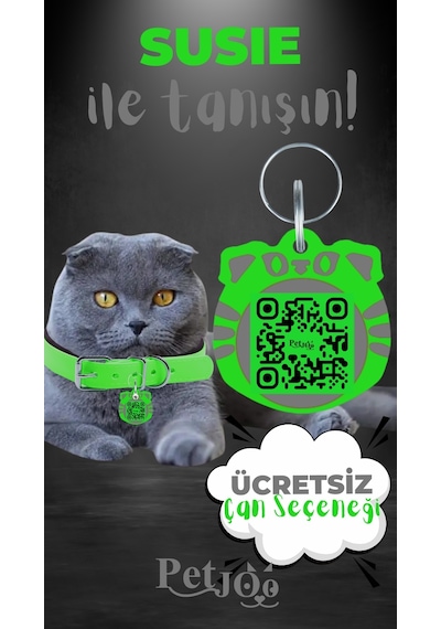 Petjoo 3.Susie Gri-Yeşil Qr'lı Kedi Künyesi