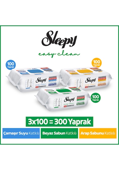 Sleepy Easy Clean Premium Beyaz Sabun Katkılı+Çamaşır Suyu Katkılı+Arap Sabunu Katkılı Yüzey Temizlik Havlusu Mendili 3x100 (300 Yaprak) 