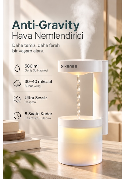 Kensa Ultrasonik Hava Nemlendirici 580 Ml Buhar Makinesi 5 Farklı Gece Lambası Damlacık Efektli